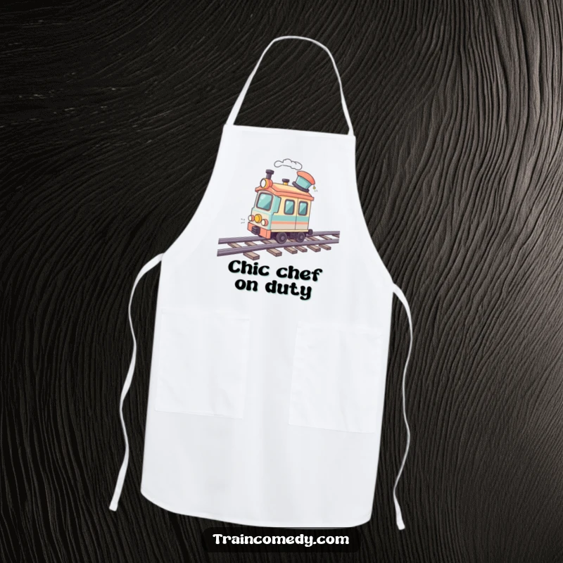 Funny apron featuring a train car with a jaunty hat speeding along a wavy track. A humorous and functional kitchen accessory.