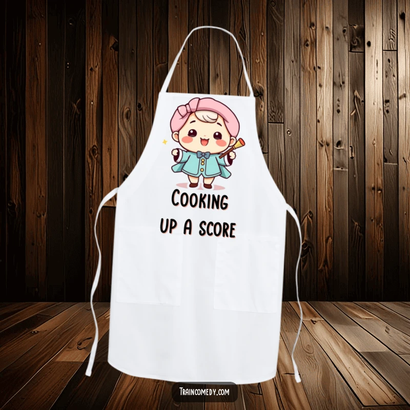 Funny Apron: Happy Kawaii conductor with baton, smiling, ready to direct meal prep, a functional funny gift.