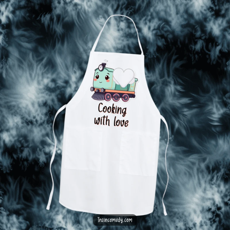 Cute smiling train character puffing a heart-shaped cloud, depicted on a romantic apron.