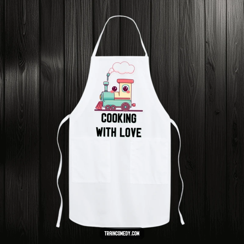 Funny cute train character puffing a heart-shaped cloud, bringing love and cheer to any kitchen, a practical apron.
