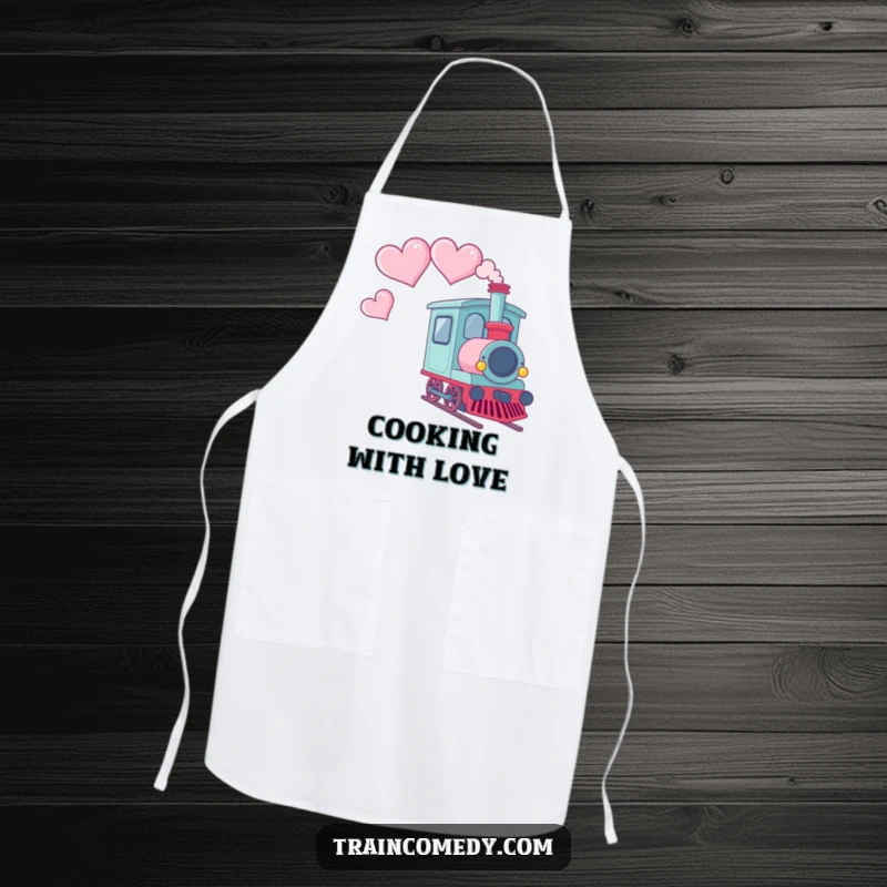 Funny apron showing a Kawaii train car with smoke shaped like hearts trailing behind, perfect for kitchen fun.