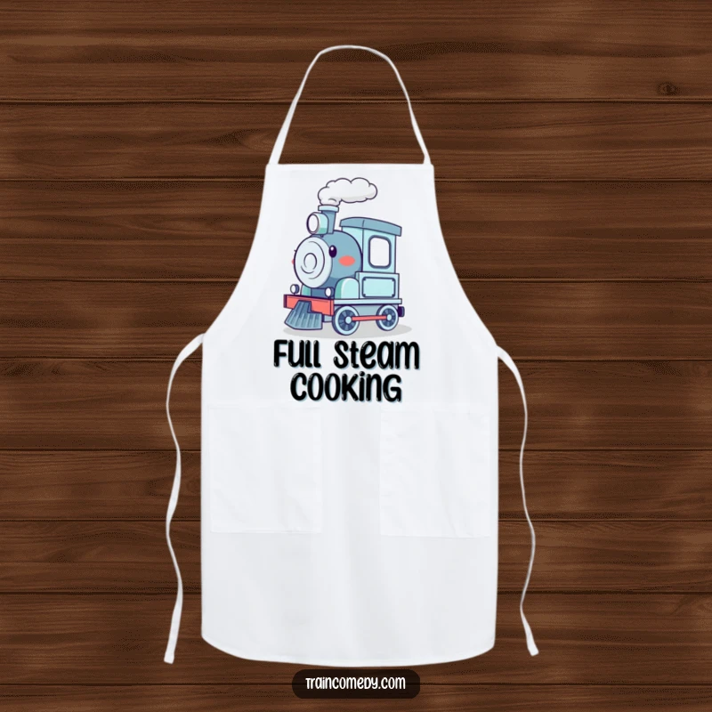 Funny apron featuring a happy, steam-puffing cartoon train chugging along, designed for chefs and home cooks who love humor.