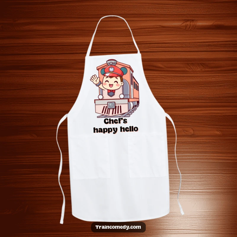 Funny apron featuring a cheerful train conductor waving enthusiastically from the front of a train engine, perfect for kitchen fun.