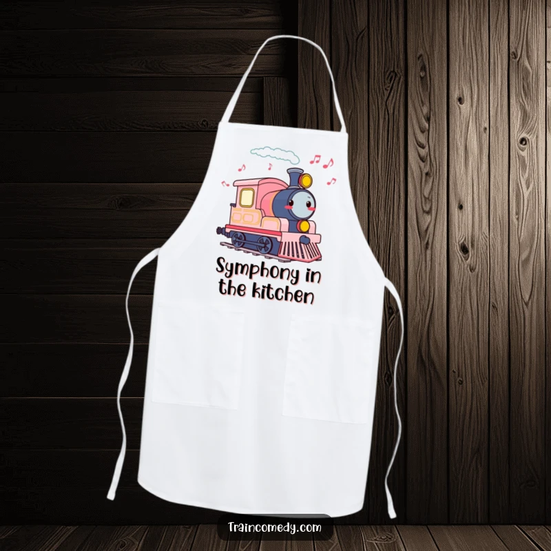 Funny apron with a cheerful train engine tooting, leaving a trail of musical notes, ideal for kitchen harmony.