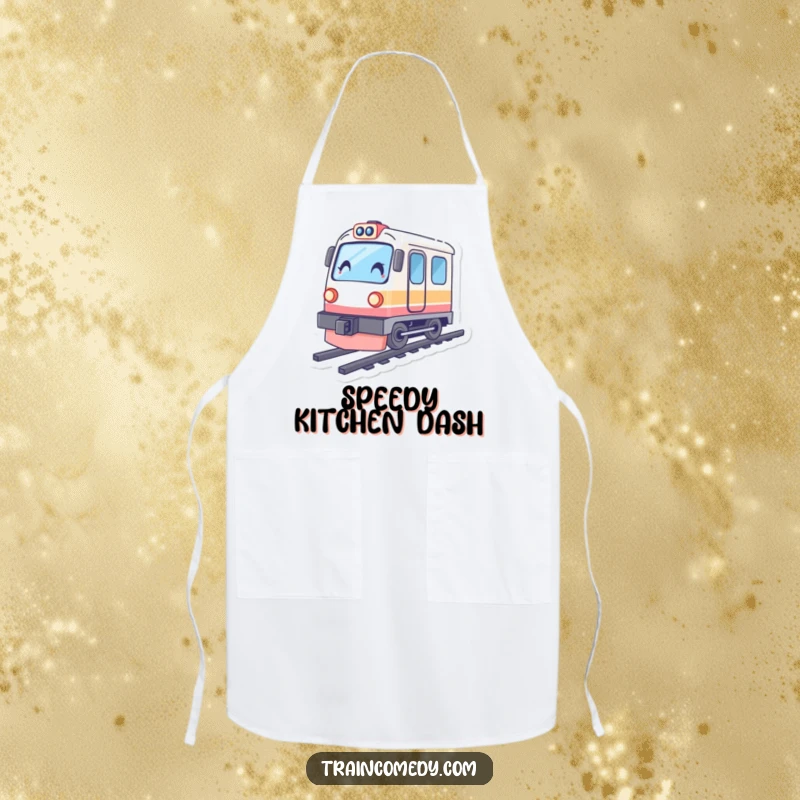 Funny train apron, character leaning forward in a tilt, showing off speed while cooking or baking, adding fun.