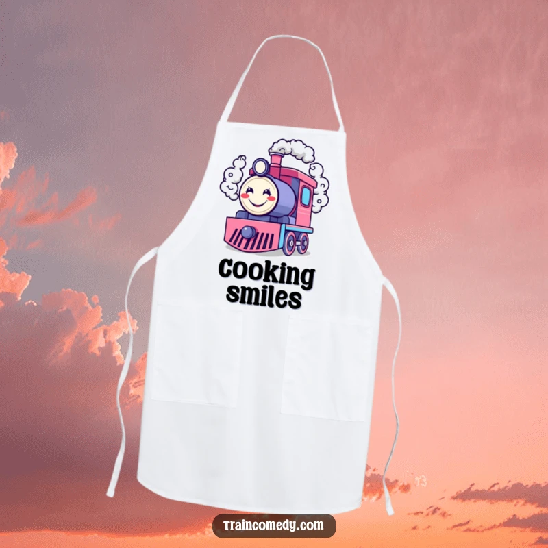 Funny apron depicting a happy train engine character blowing smoke rings shaped like cheerful smiley faces, perfect for kitchen fun.