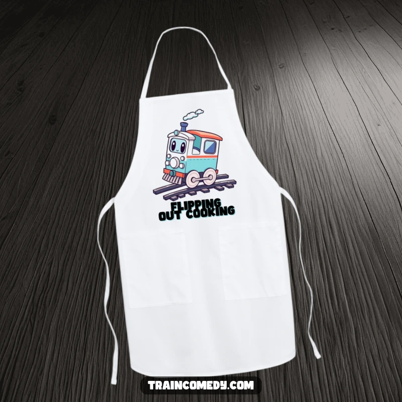 Funny playful train character doing a cartwheel on tracks, bringing fun and energy to any kitchen, a practical apron.
