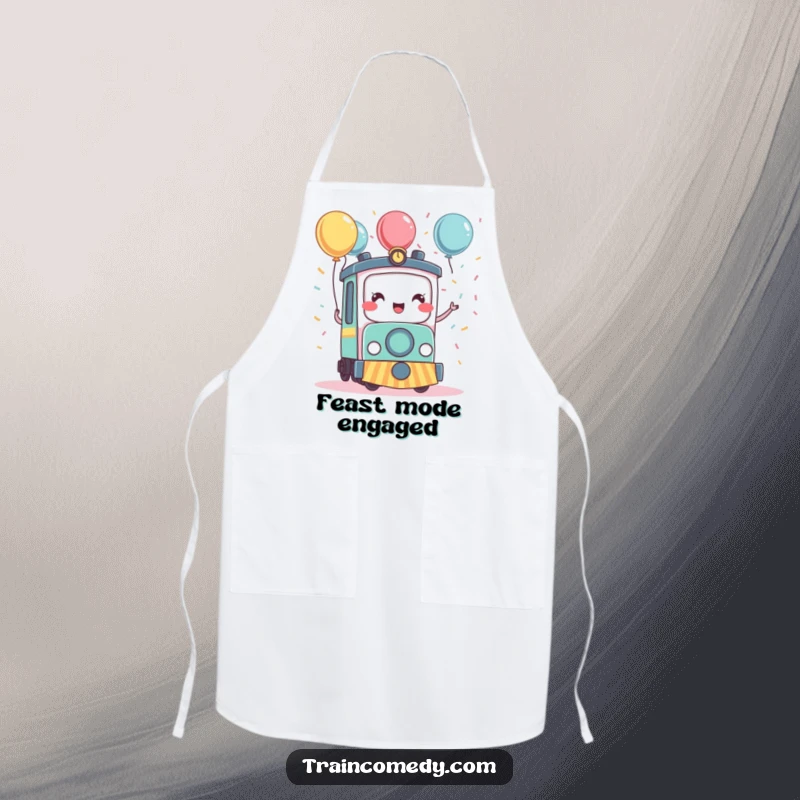 Funny kawaii train character celebrating with confetti and balloons, adorning a practical apron for a humorous cooking experience.