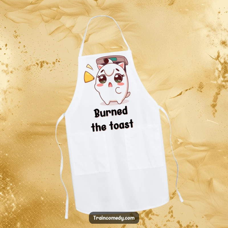 Funny Apron: Surprised Kawaii character eyes wide from a train horn, adding humor to the kitchen, a funny gift.