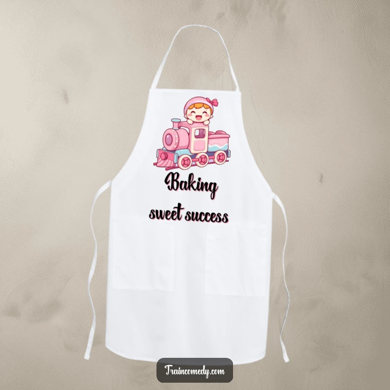 Funny apron with a joyful character balancing on the roof of a moving candy train car, perhaps preparing sweet treats.