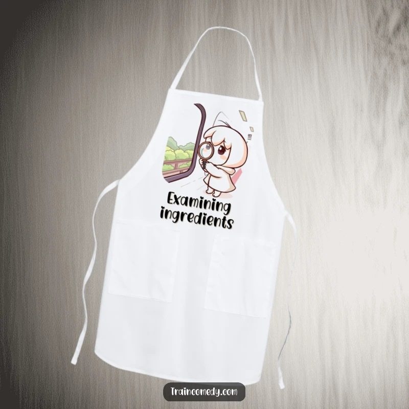 Funny apron with a curious character using a magnifying glass on a train window, perhaps inspecting kitchen items.