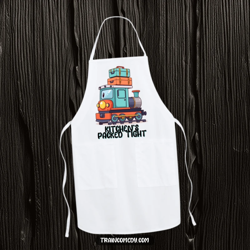 Funny apron depicting a playful train character precariously balancing a stack of tiny suitcases on its roof, perfect for kitchen adventures.