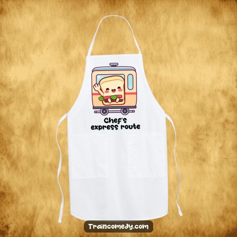 Funny apron depicting a sandwich character in a train car, cheerfully waving goodbye, bringing a humorous and tasty theme to cooking.
