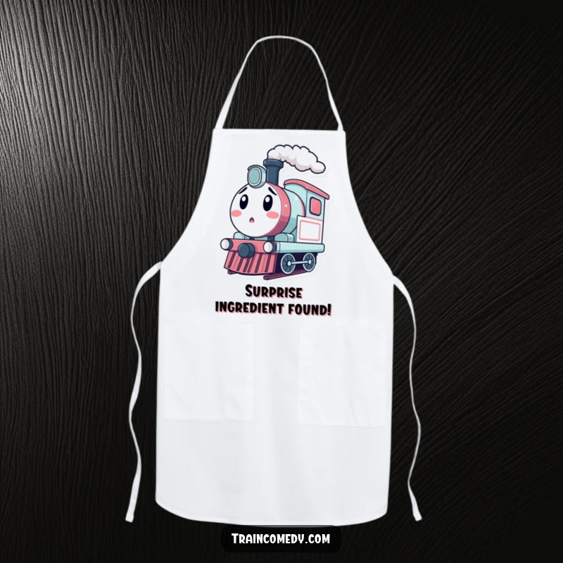 Funny kawaii train engine puffing steam with a surprised look, suitable for a humorous kitchen apron.