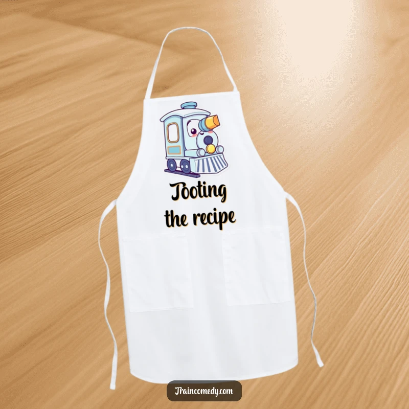 Funny kawaii train character gleefully tooting its horn with a smile on a functional and cheerful kitchen apron.