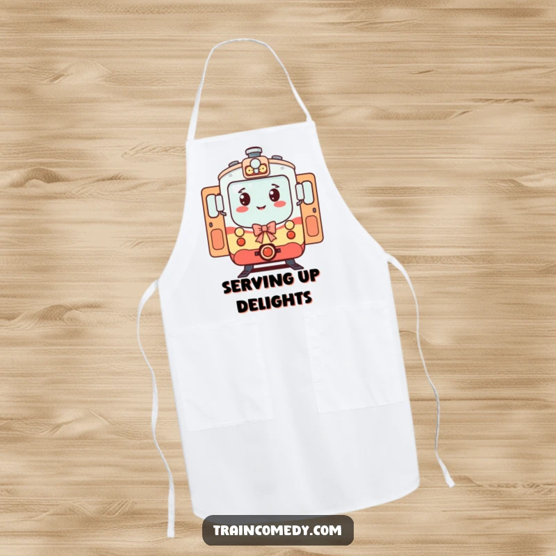 Funny Train Apron: A polite train character bows with open doors, protecting your clothes with funny, welcoming style.