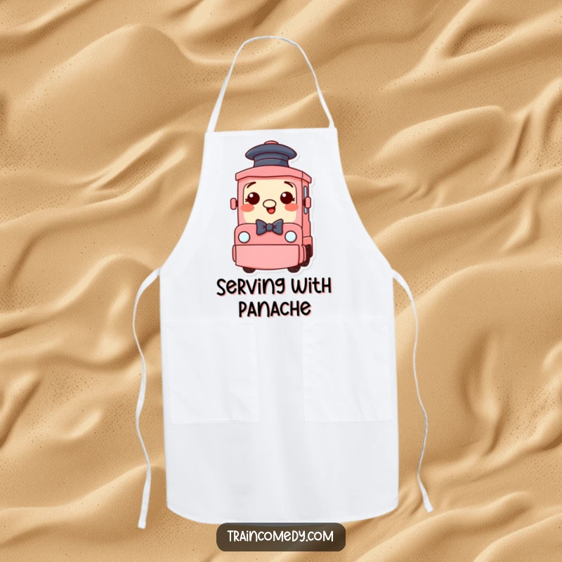 Funny Train Apron: A silly train character with a hat and bow tie protects your clothes with funny, sophisticated style.