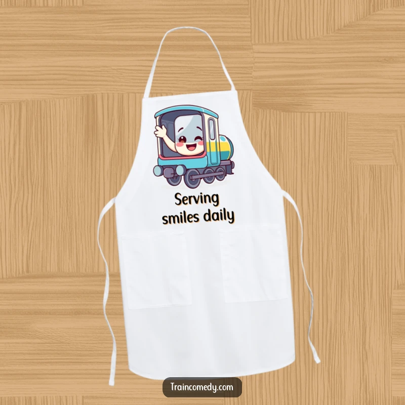 Funny train apron featuring a happy, smiling locomotive waving from its window, a humorous and practical kitchen accessory for cooks.