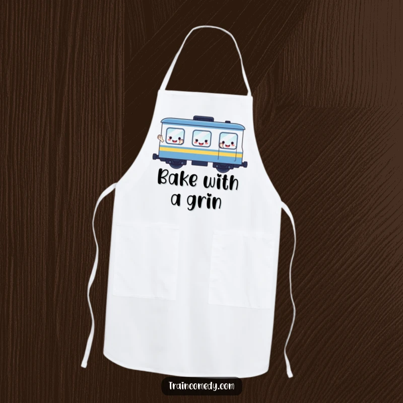 Funny apron printed with a happy train car whose windows are smiling faces waving, designed for cheerful culinary adventures.