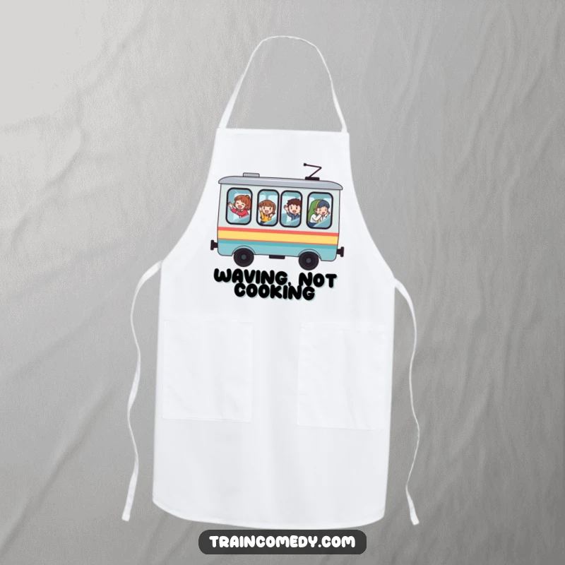 Funny train apron, whimsical design with large windows, passengers waving, ideal for adding cheer to cooking and baking.
