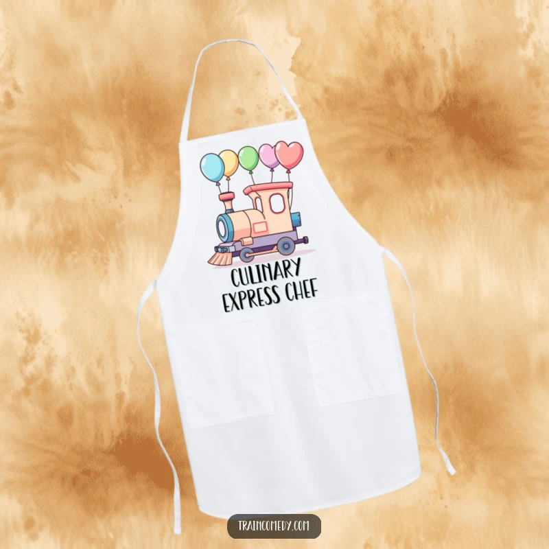 Funny apron with a whimsical train and balloons, perfect for kitchen adventures.