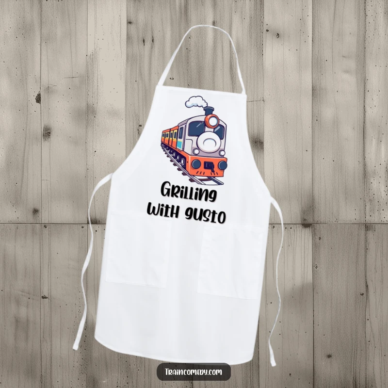 A determined train navigating a sharp curve, designed on a humorous and functional chef apron. Great funny gift.