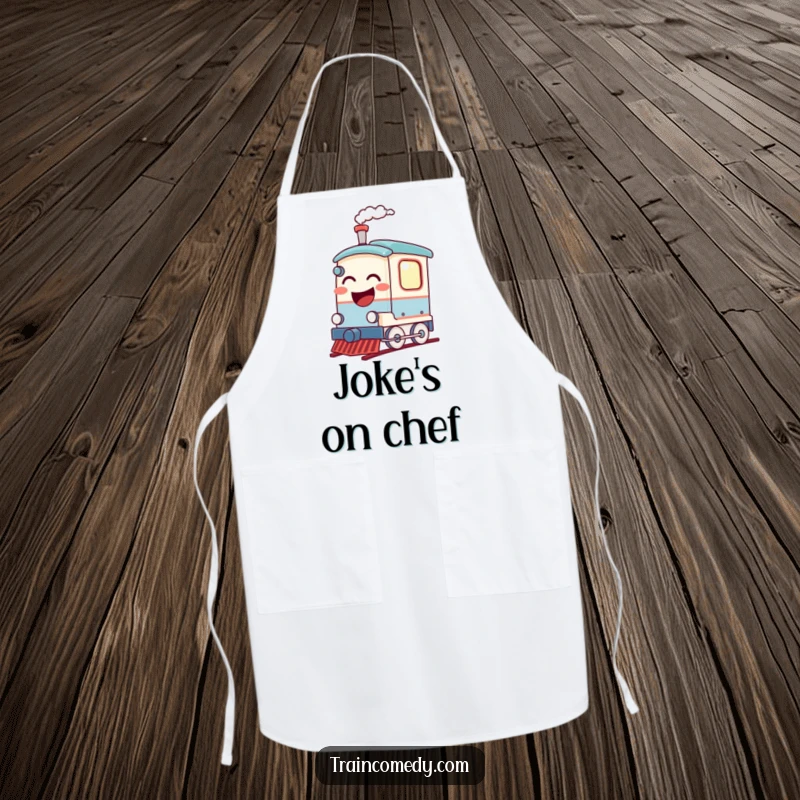 Funny kitchen apron featuring a laughing train, steam puffing playfully. A humorous and practical accessory for cooking enthusiasts.