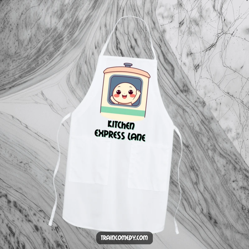 Funny apron with a cheerful character waving from a train window, designed to keep you clean and smiling during kitchen endeavors.