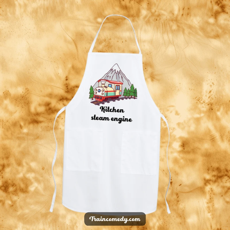 Funny kawaii train peeking from behind a mountain, illustrated on a practical apron for a humorous cooking experience.