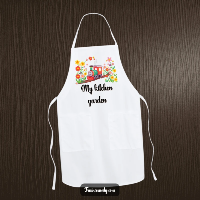 Funny apron depicting a train chugging through a tunnel of bright flowers, ideal for cooks who enjoy a colorful and happy kitchen environment.