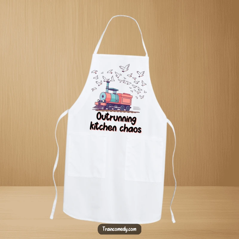 Funny train apron depicting a locomotive playfully racing birds in the sky, a humorous and practical kitchen accessory for chefs.