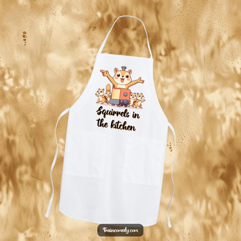 Funny apron depicting a train character with outstretched arms being pulled by flying squirrels, ideal for cooks who enjoy a whimsical and adventurous kitchen.