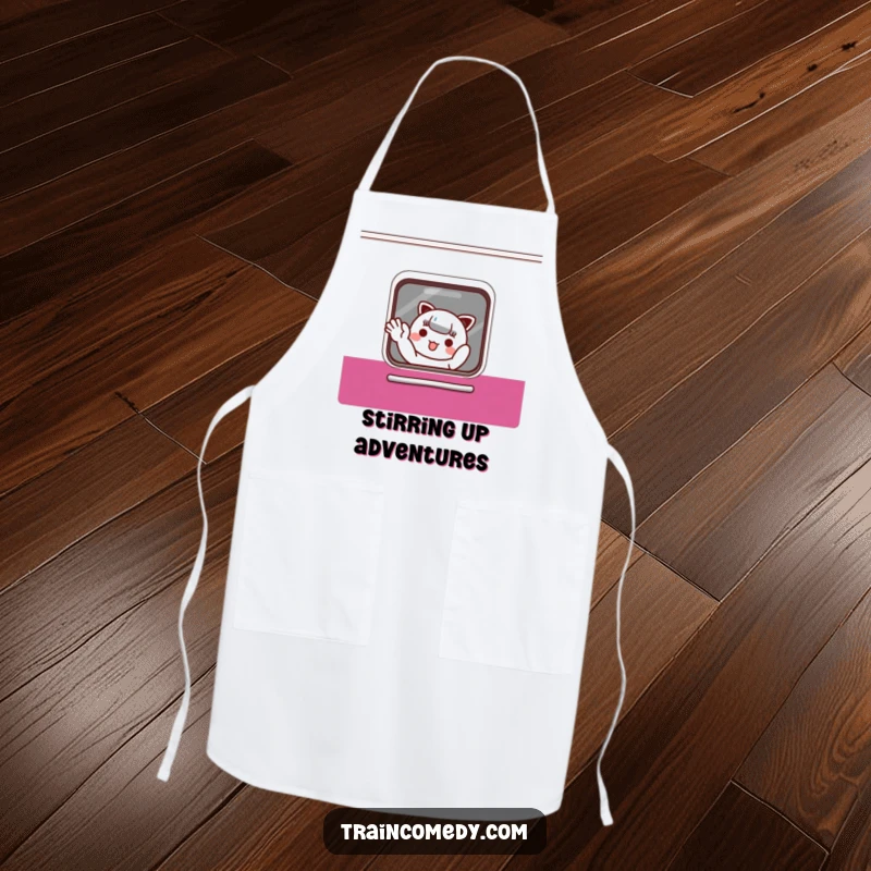 Funny Apron: Adorable Kawaii character waves from a train, ready to help in the kitchen, a fun and functional funny gift.