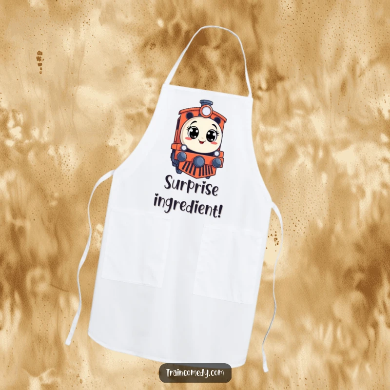 Funny apron showing a stylized train engine with a surprised expression and wide eyes, perfect for kitchen fun.
