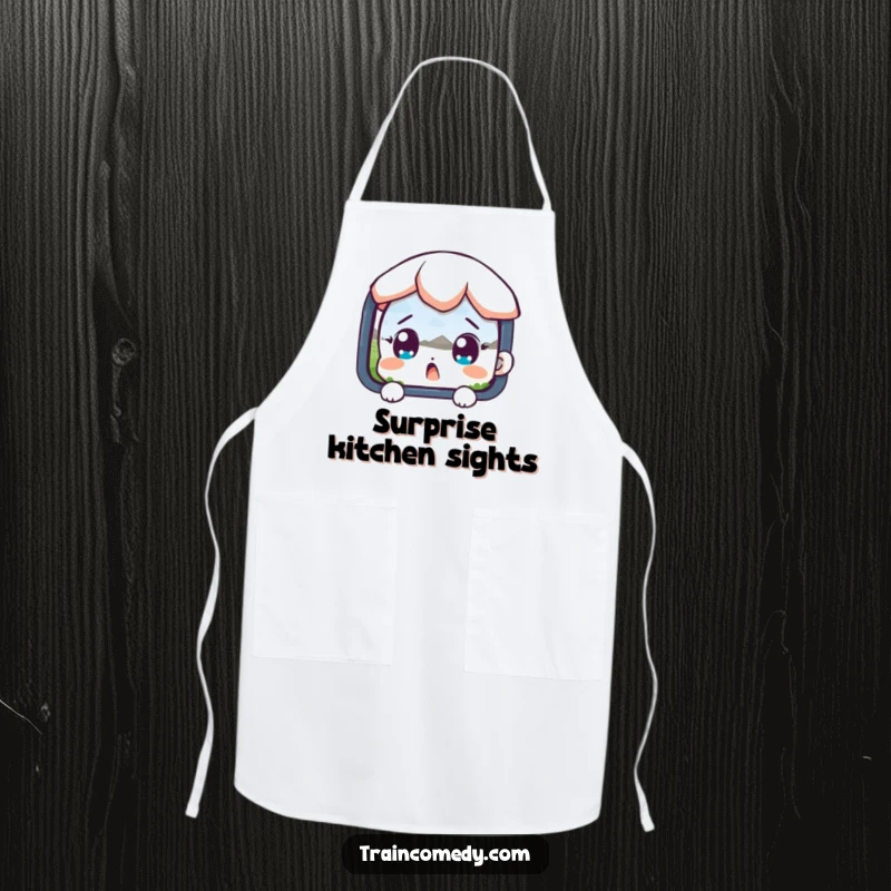 Funny apron depicting a surprised character with wide eyes observing a passing landscape, suitable for kitchen duties.