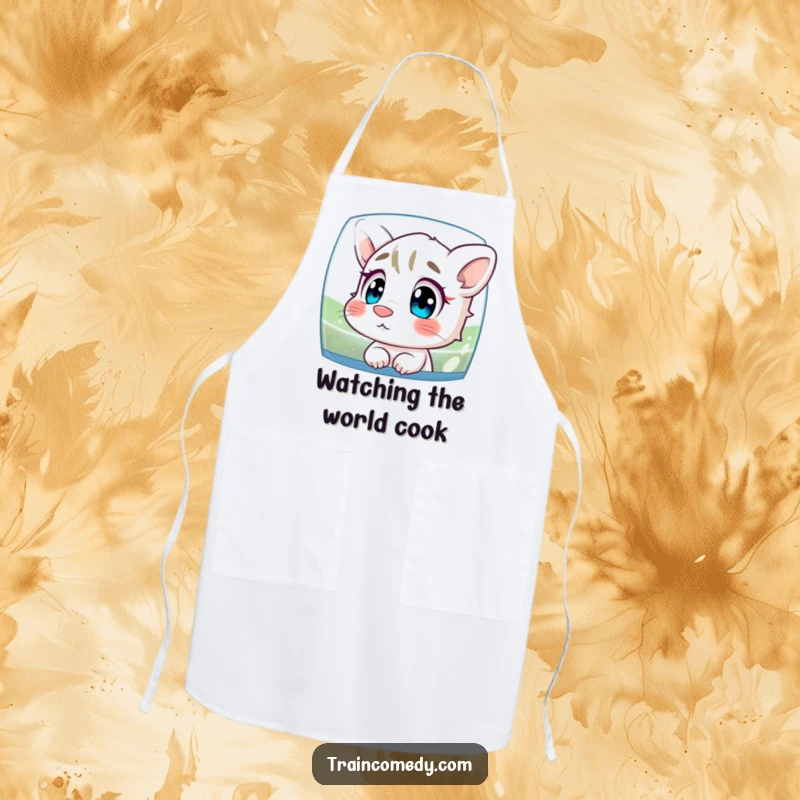 Funny apron depicting a curious character pressing its nose against glass, watching the scenery, adding humor to kitchen or crafting activities.