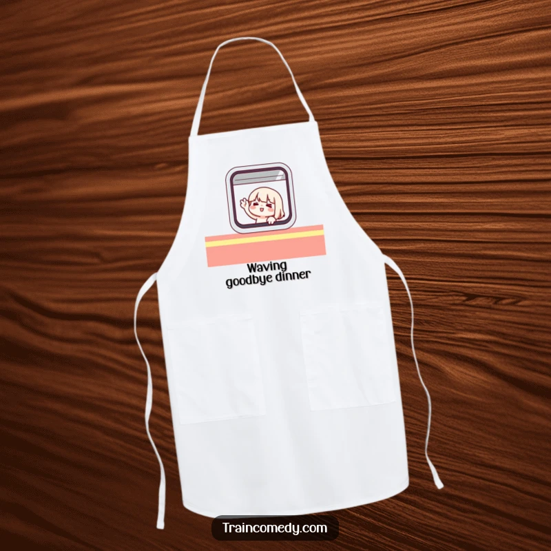 Funny apron with a cute character in a chef hat, comically waving from inside a stylized train window.