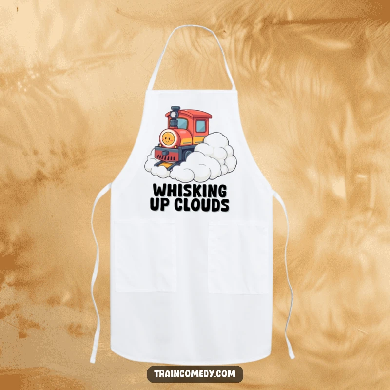 Funny apron depicting a train character playfully bumping into soft clouds, ideal for cooks who enjoy a whimsical and lighthearted kitchen atmosphere.