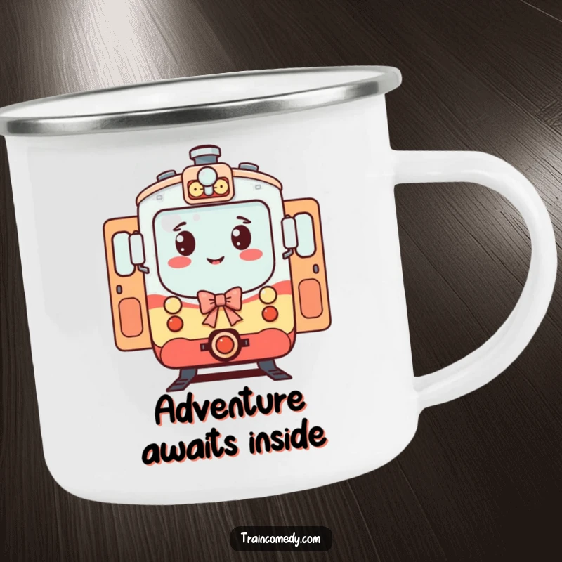 Funny Train Camping Mug: A polite train character bows with open doors, ready for funny adventures and hot drinks.