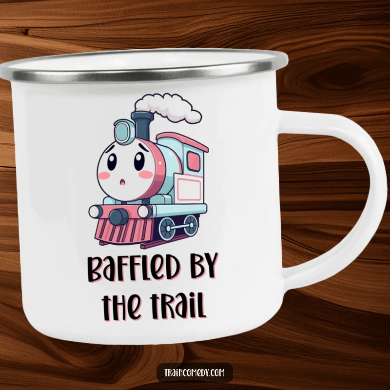 Funny kawaii train engine puffing steam with a surprised expression on a durable camping mug.