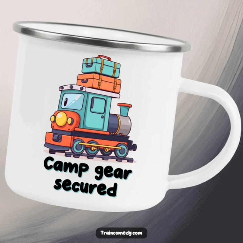 Funny camping mug with a playful train character precariously balancing a stack of tiny suitcases on its roof, ideal for travel adventures.
