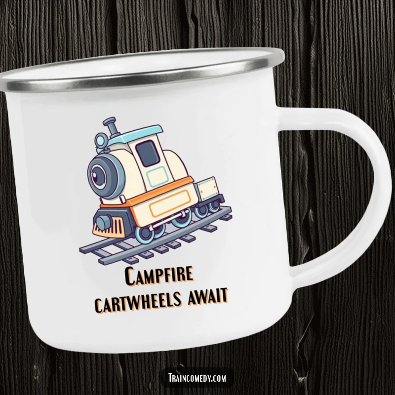 Playful train character doing a cartwheel on train tracks, designed for a sturdy and funny camping mug.