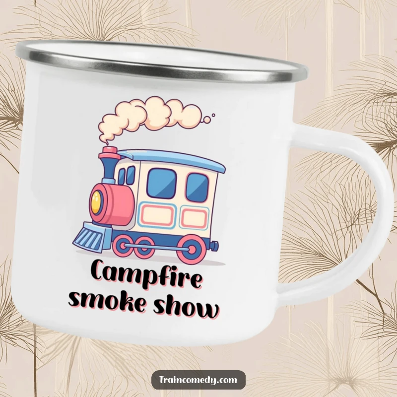 Funny train camping mug, cheerful train car blowing colorful smoke rings, built for outdoor fun and vibrant experiences.