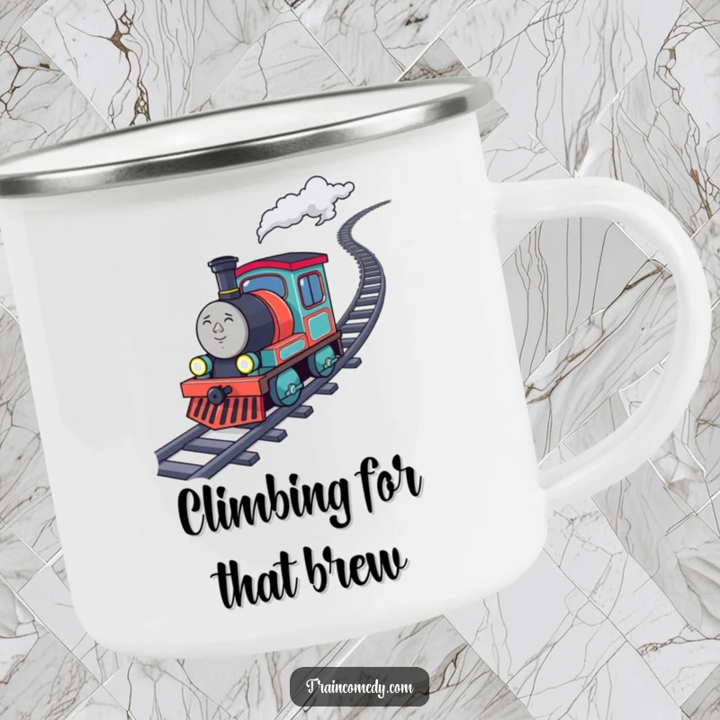 Funny determined train character chugging uphill with sparkling coal, featured on a sturdy camping mug for inspiring outdoor enjoyment.