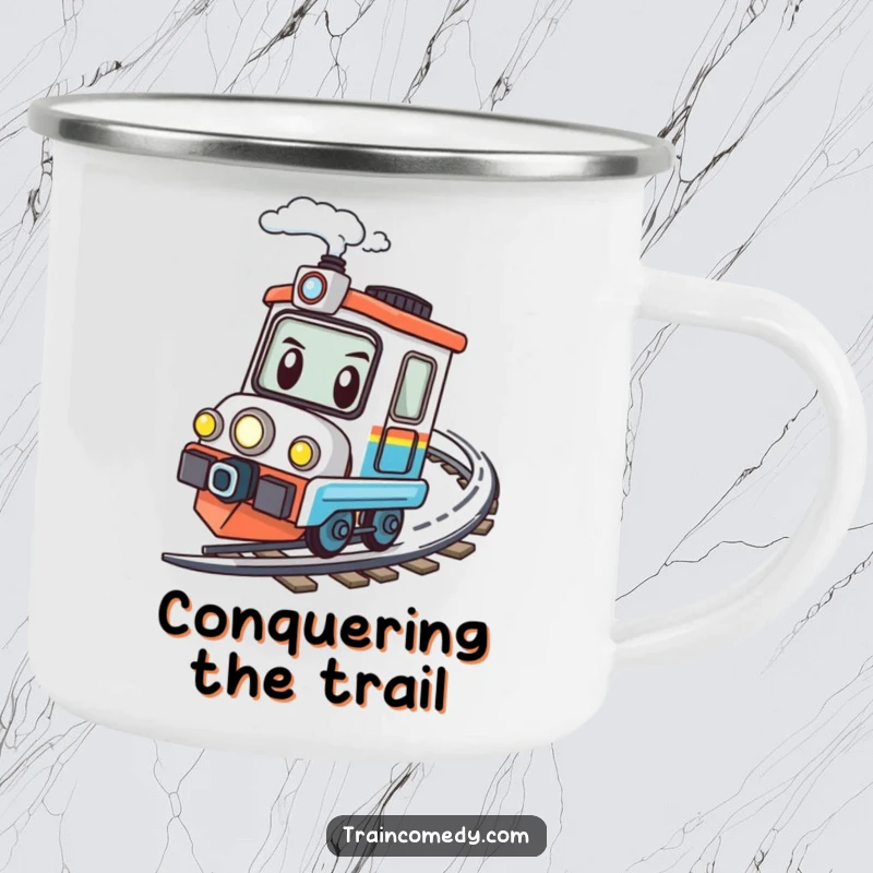 Funny kawaii train character determinedly speeding around a bend on a durable camping mug.