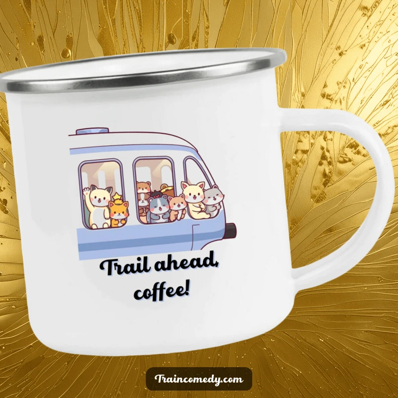 Funny camping mug featuring happy animals waving from train windows, perfect for outdoor adventures and enjoying hot beverages with humor. Sturdy and portable.