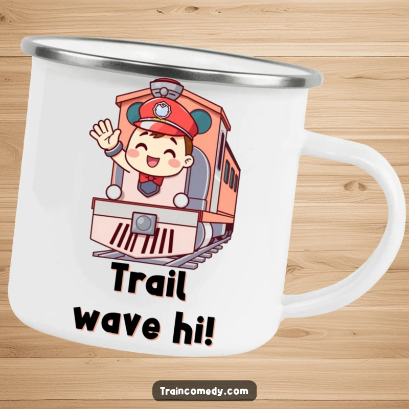Funny camping mug with a cheerful train conductor character waving enthusiastically from the front of a train engine, perfect for outdoor adventures.