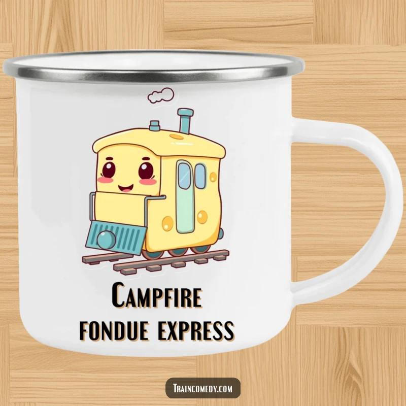 Funny camping mug with a train carriage shaped like a giant, smiling cheese, ready for humorous outdoor journeys.