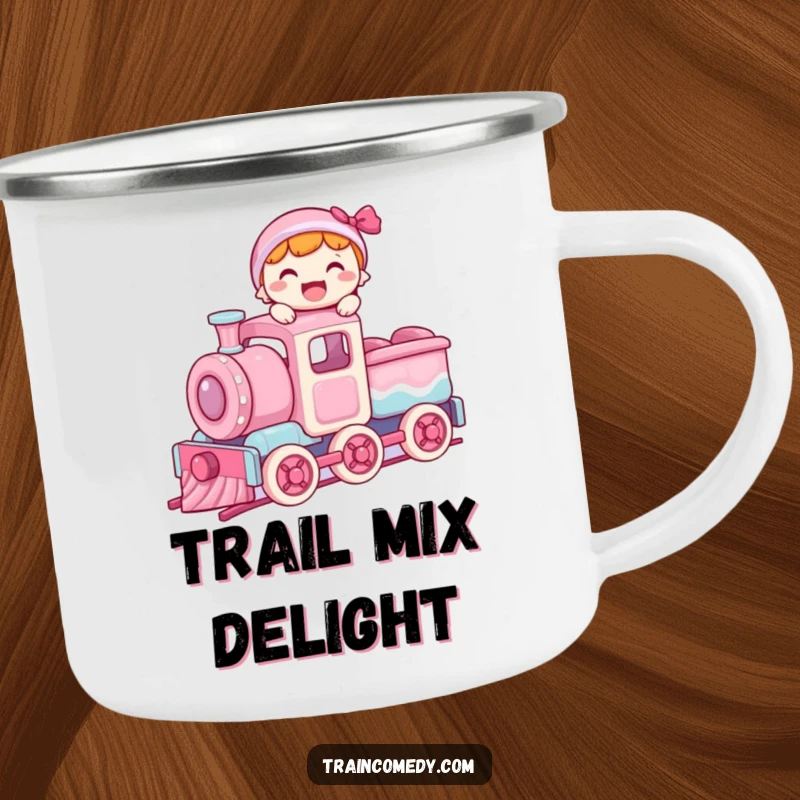 Funny enamel camping mug showing a joyful character balancing on the roof of a moving candy train car, ready for adventure.
