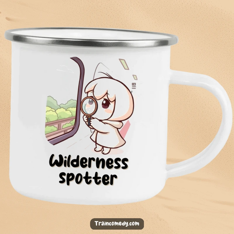 Funny enamel camping mug showing a curious character using a magnifying glass on a train window, observing the landscape.